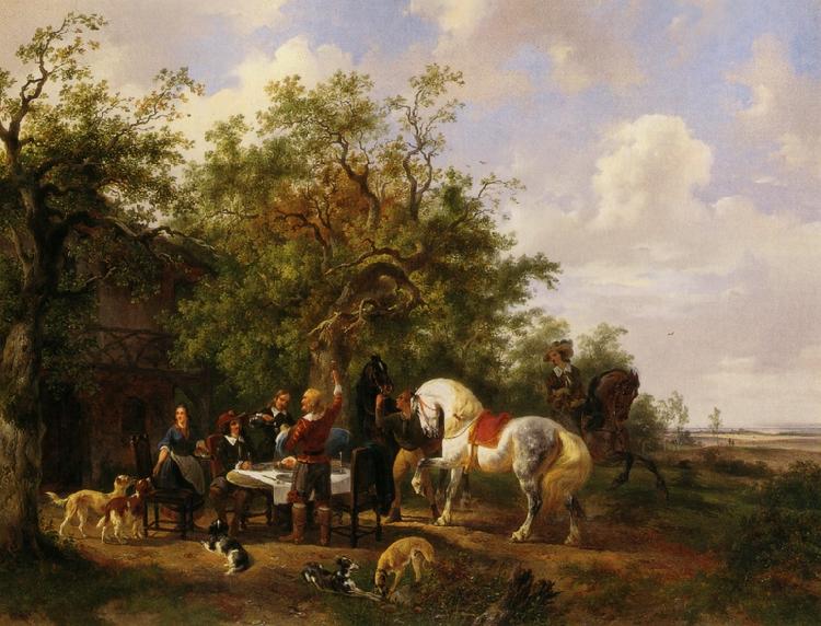 Wouterus Verschuur Compagny with horses and dogs at an inn